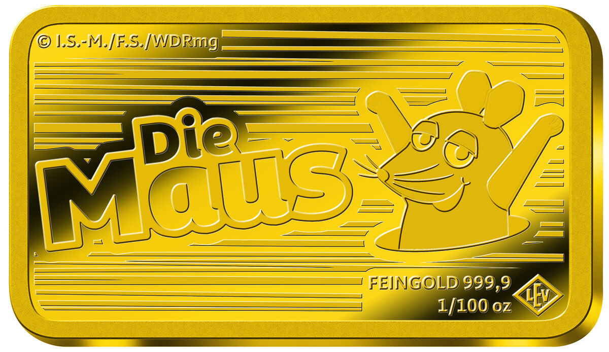 Ein rechteckiger Goldbarren mit der Aufschrift 'Die Maus' und einem Relief einer Mausfigur. Links oben sind die Initialen 'L.S.-M./F.S./WDRmg' eingraviert. Rechts unten sind die Angaben 'Feingold 999.9' und '1/100 oz' sowie das Logo der Prägeanstalt sichtbar.