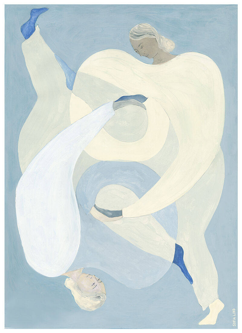 Ein Gemälde von Sofia Lind, betitelt 'Hold You - Blue', zeigt zwei abstrakte Figuren in fließenden Bewegungen auf einem blauen Hintergrund. Die Figuren sind in Weiß und Beige gehalten, mit Akzenten in Blau und Grau. Die Komposition wirkt dynamisch und elegant.