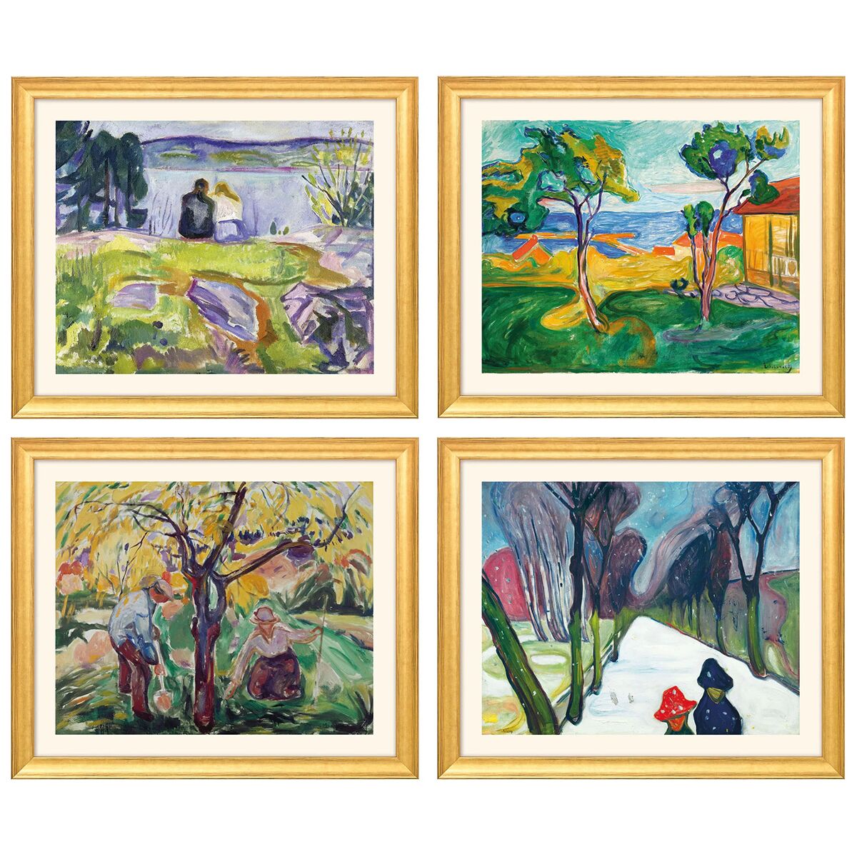 Vier gerahmte Kunstdrucke von Edvard Munchs 'Jahreszeiten-Zyklus' im Set. Je ein Bild pro Jahreszeit, in lebendigen, impressionistischen Farben. Die Szenen zeigen Landschaften mit Menschen und Bäumen, eingerahmt in goldfarbene Holzrahmen.