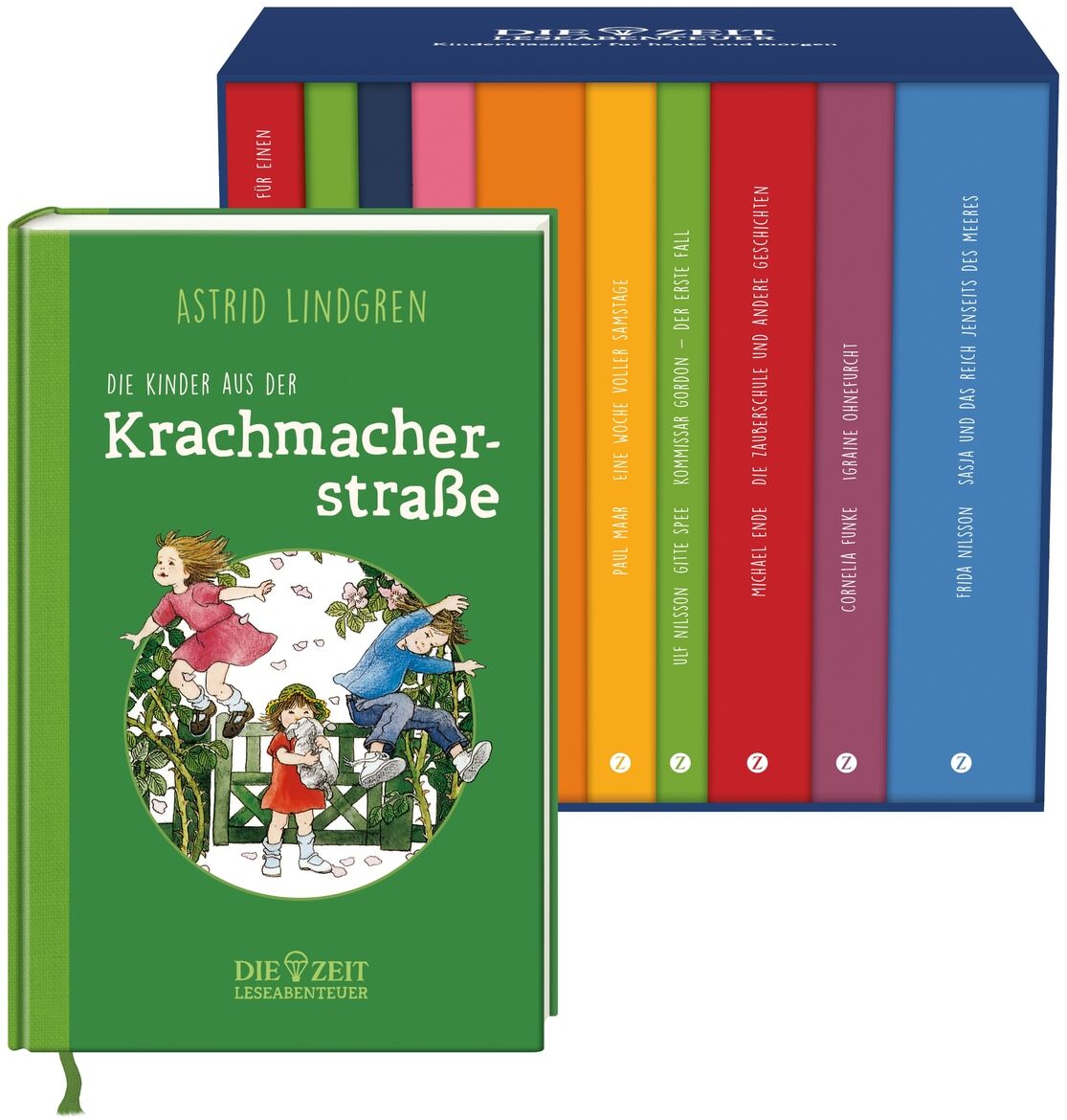 Die Zeit-Edition »Leseabenteuer« zeigt eine Sammlung von bunten Kinder- und Jugendbüchern in einem Schuber. Ein grünes Buch mit dem Titel 'Die Kinder aus der Krachmacherstraße' von Astrid Lindgren ist besonders hervorgehoben.