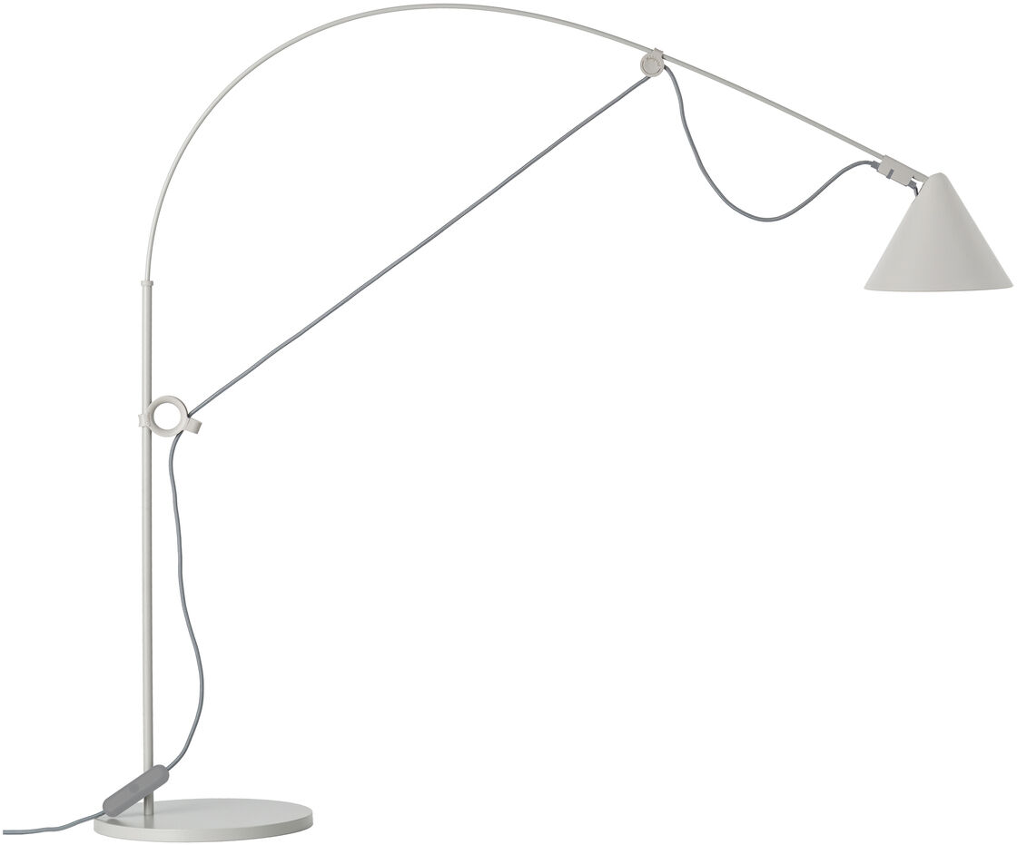Moderne Tischlampe »AYNO« mit verstellbarem Arm und Kunststoffschirm. Schlankes Design aus weißem und grauem Materialien, ideal für Schreibtische und Wohnräume.