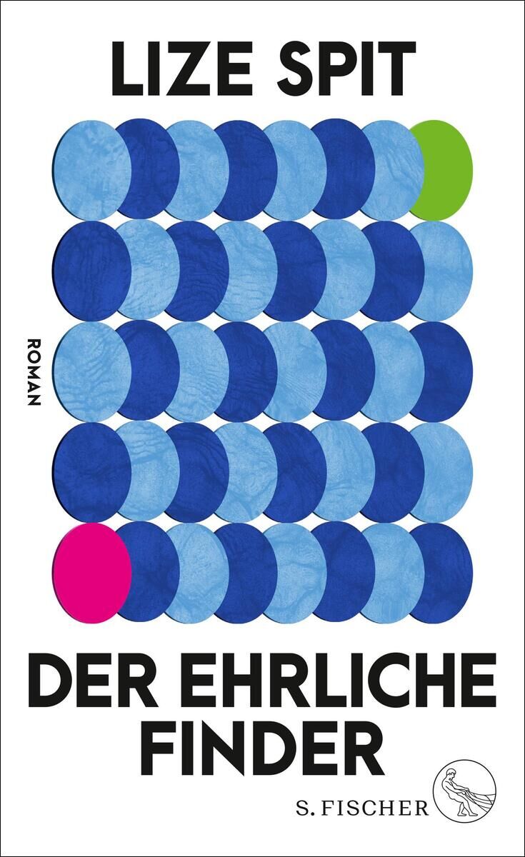 Buchcover von 'Der ehrliche Finder' von Lize Spit. Das Design zeigt blaue Punktmuster vor einem weißen Hintergrund mit einem grünen und einem pinken Punkt. Der Titel und der Name der Autorin sind in schwarzen Buchstaben geschrieben.