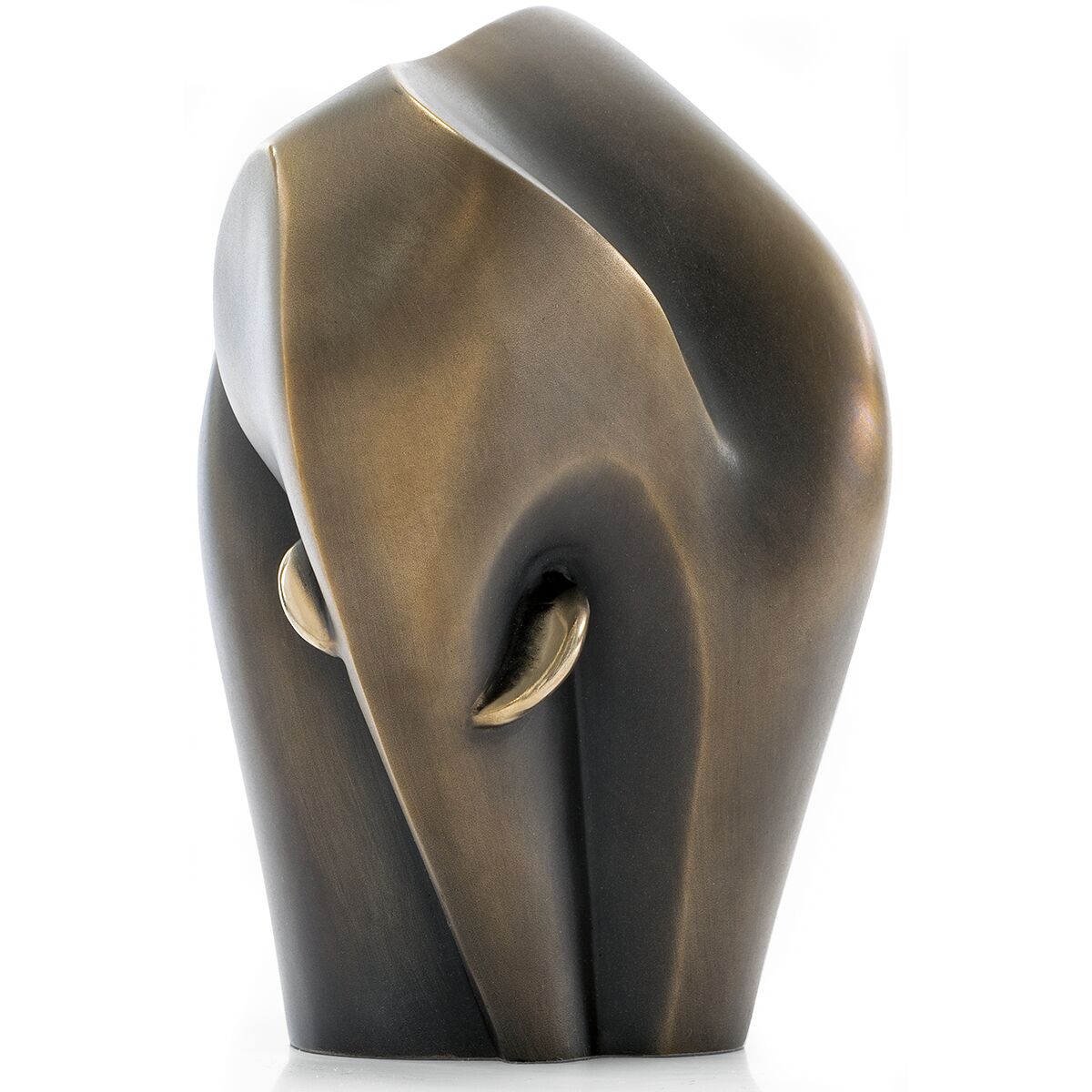 Abgebildet ist die Bronze-Skulptur „Kleiner Elefant“ von Cordula Dobes. Die stilisierte Kunstskulptur zeigt einen abstrahierten Elefantenkörper mit sanft geschwungenen Linien und betonten Ohren. Die Oberfläche schimmert in mattem Bronze mit dezenten goldenen Akzenten. Keine sichtbaren Details wie Augen oder Füße.