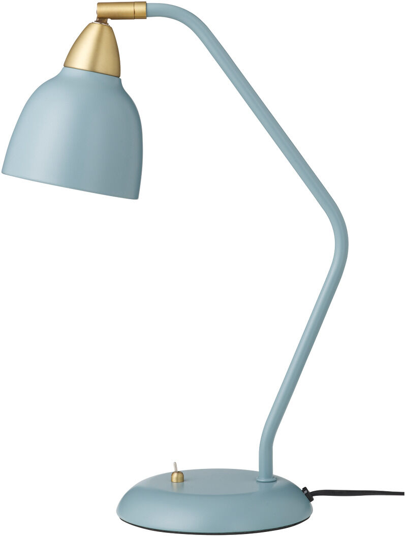 Eine Superliving Tischlampe in der Farbe »Urban Mineral Blue« mit einem modernen, minimalistischen Design und einem schwenkbaren Arm. Die Lampe besteht aus einem blauen Metallkörper mit goldenen Akzenten und einem schwarzen Kabel.