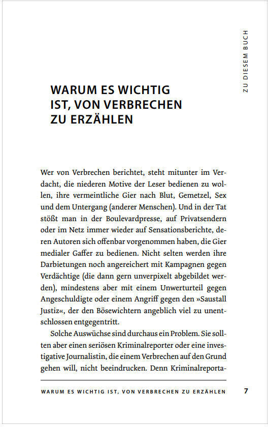 ZEIT Verbrechen Band 3 in Paperback-Form zeigt inneren Text, der die Wichtigkeit der Erzählung von Verbrechen diskutiert, ist in weißem Hintergrund mit schwarzen Text gedruckt.