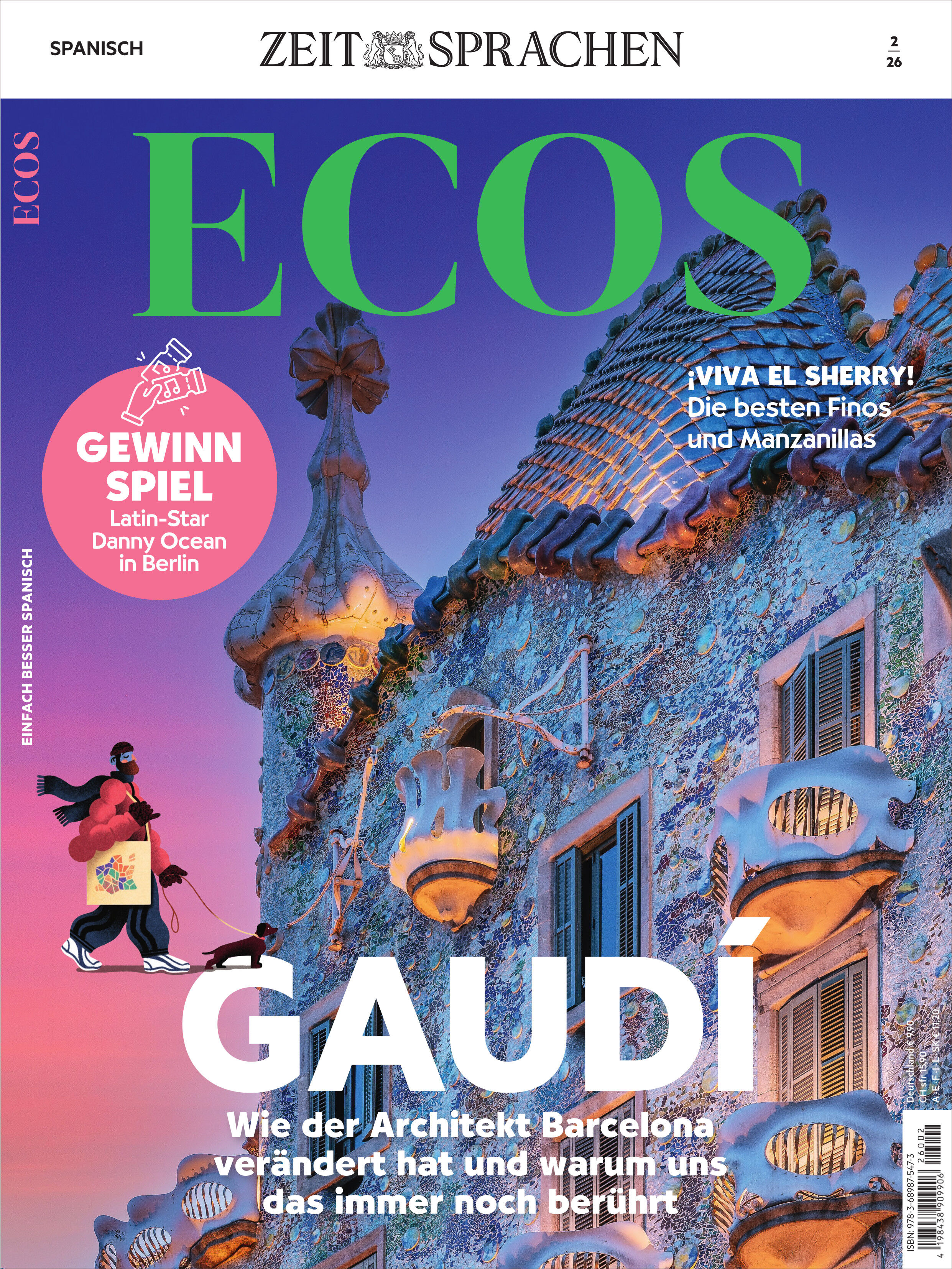 Detailreich gestaltetes Magazincover von 'Ecos' mit farbenfroher Abbildung der Casa Batlló in Barcelona. Im Fokus stehen kunstvolle Mosaike an der Fassade und der Name 'Gaudí' in großen weißen Buchstaben, ergänzt um Themenhinweise zu spanischer Kultur und Sprache.