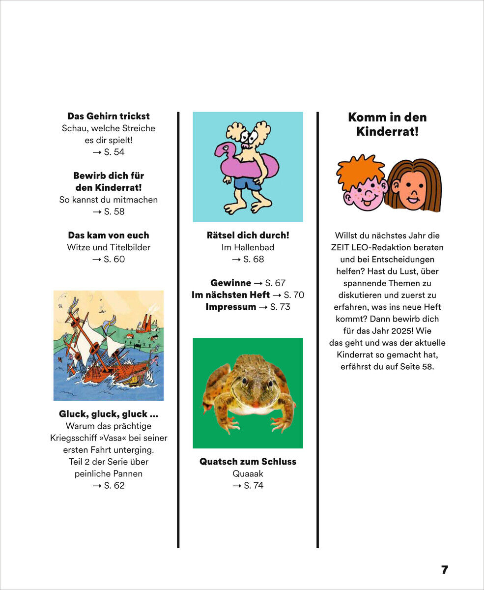 Seite aus dem ZEIT LEO Magazin mit Illustrationen und Text. Enthält spielerische und lehrreiche Inhalte für Kinder, mit hellen Farben und verschiedenen Grafiken.