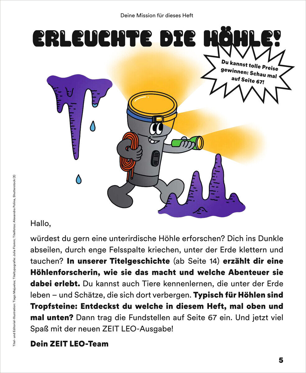 Eine kindgerechte Illustration aus der Zeitschrift 'ZEIT LEO', die ein anthropomorphes Objekt in einer Abenteuerumgebung zeigt, mit dem Text 'Erleuchte die Höhle'.