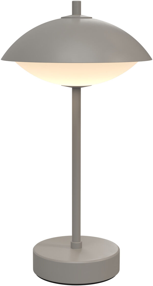 Auf dem Bild ist die tragbare Lampe »Clam™« von Fritz Hansen in grauer Farbe zu sehen. Die Lampe hat einen runden Sockel, einen schlanken Standfuß und einen halbkugelförmigen Lampenschirm. Das Licht strahlt weich und warm nach unten ab. Modernes, minimalistisches Design auf weißem Hintergrund.