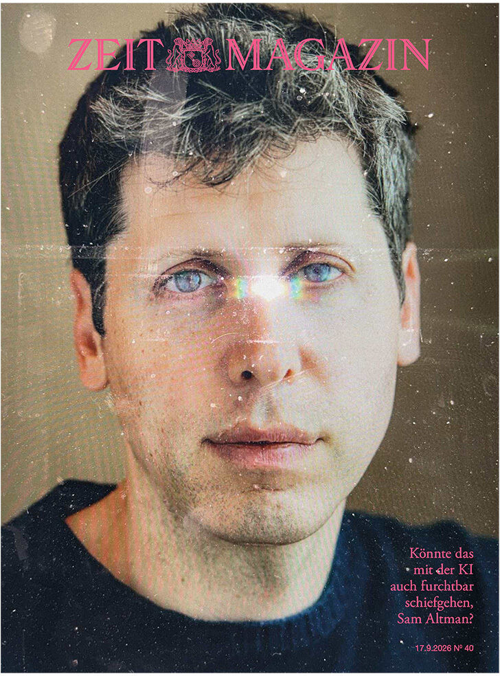Titelbild des ZEIT MAGAZIN 40/26 mit einer Nahaufnahme eines Mannes vor neutralem Hintergrund. Oben steht der Schriftzug 'ZEIT MAGAZIN' in Rosa. Rechts unten eine Frage: 'Könnte das mit der KI auch furchtbar schiefgehen, Sam Altman?' sowie Erscheinungsdatum und Ausgabenummer.