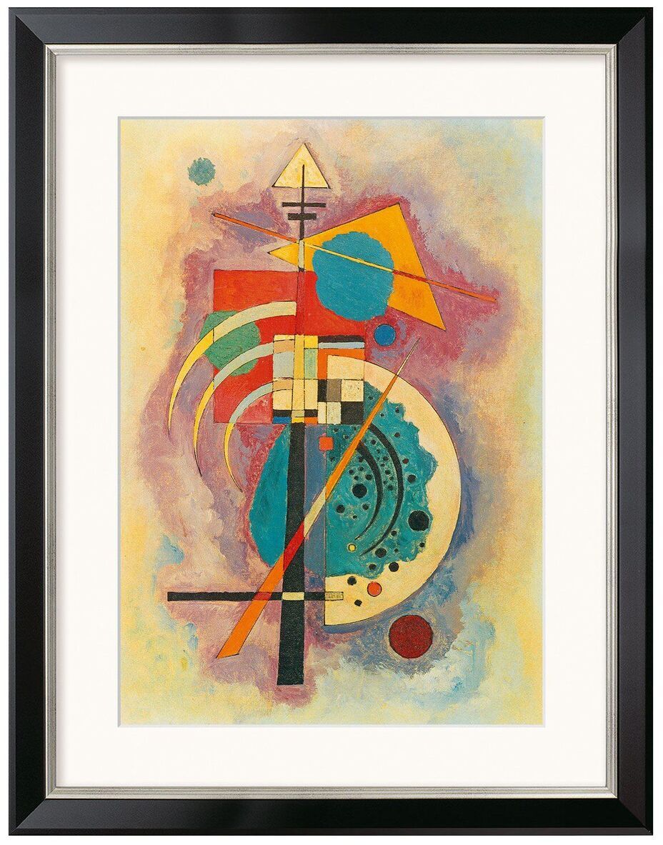 Ein abstraktes Kunstwerk von Wassily Kandinsky mit einer Kombination aus geometrischen Formen und leuchtenden Farben, gerahmt in einem schwarzen Rahmen. Das Bild zeigt eine dynamische Komposition aus Quadraten, Kreisen und Dreiecken, die in Blau, Rot, Gelb, Weiß, Schwarz und Lila gehalten sind.