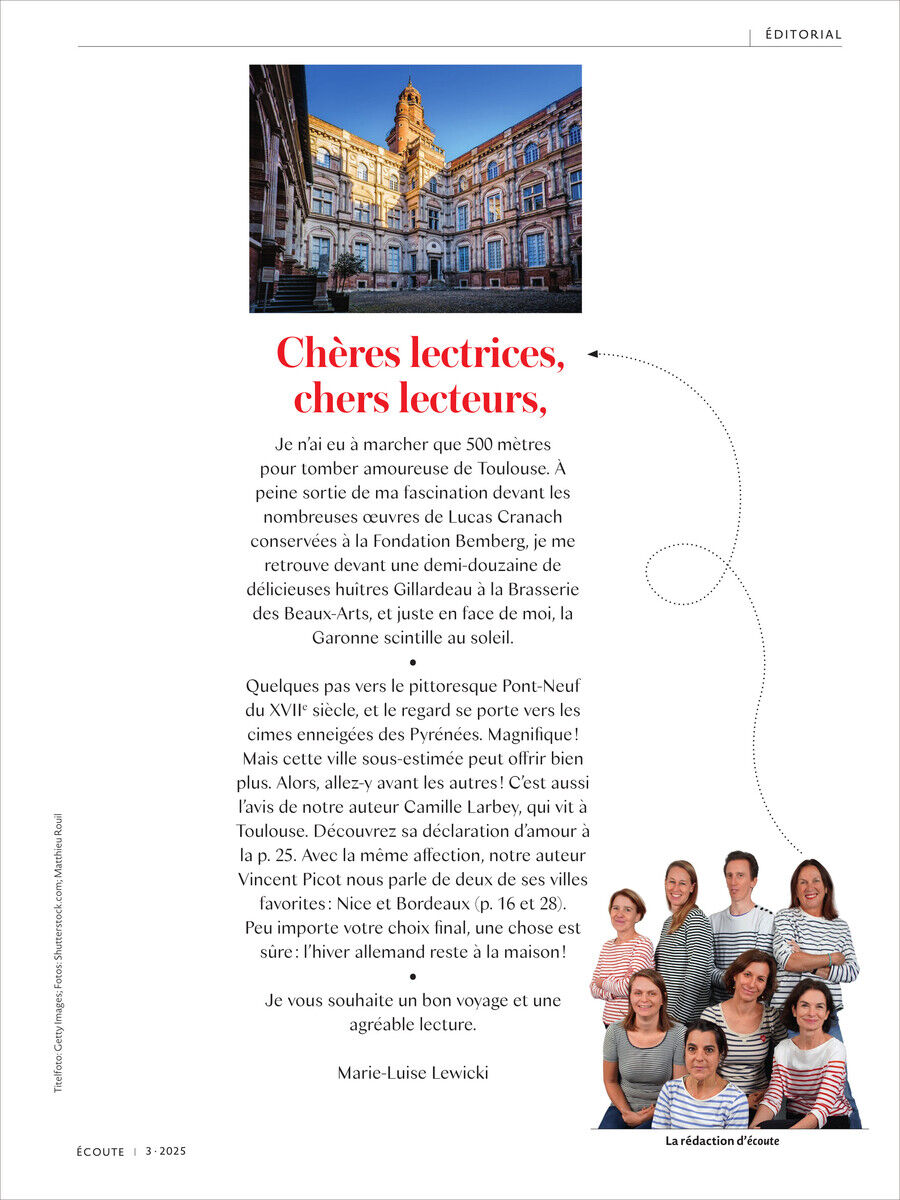 Cover der Écoute Magazin Ausgabe 3/2025 mit einem Foto von Toulouse im oberen Abschnitt und einem Editorial-Text darunter. Rechts unten befindet sich ein Teamfoto der Redaktion.