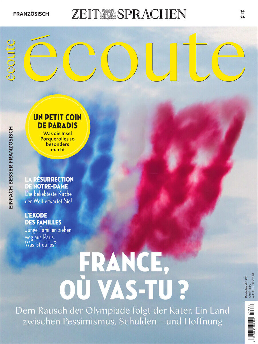 Cover der Zeitschrift 'Écoute Magazin 14/2024' mit gelbem Titel 'Écoute', einem roten und blauen Rauch, und verschiedenen Artikelbeschreibungen über Renovierung der Notre Dame, Familienexodus und Paradiesinseln. Oben steht 'Frankreich, où vas-tu?'