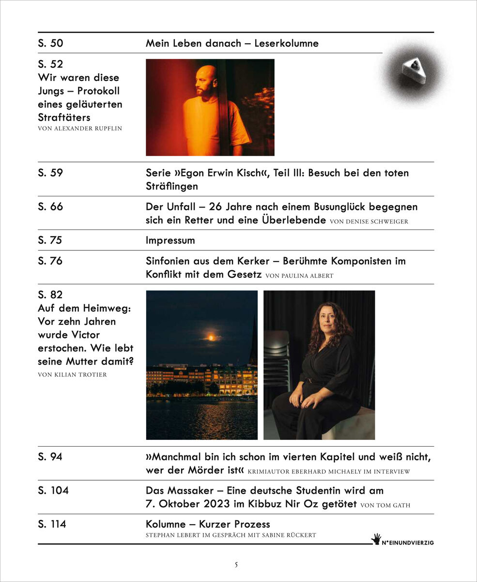 Detailreiches Inhaltsverzeichnis einer Ausgabe von ZEIT VERBRECHEN mit Listen von Artikeln, Autoren und Themen. Zwei Fotos zeigen eine Person im roten Licht und eine Frau auf einem Sessel. Schwarz-weiße Gestaltung mit klarer Trennung der Abschnitte und auffälligen Typografien.