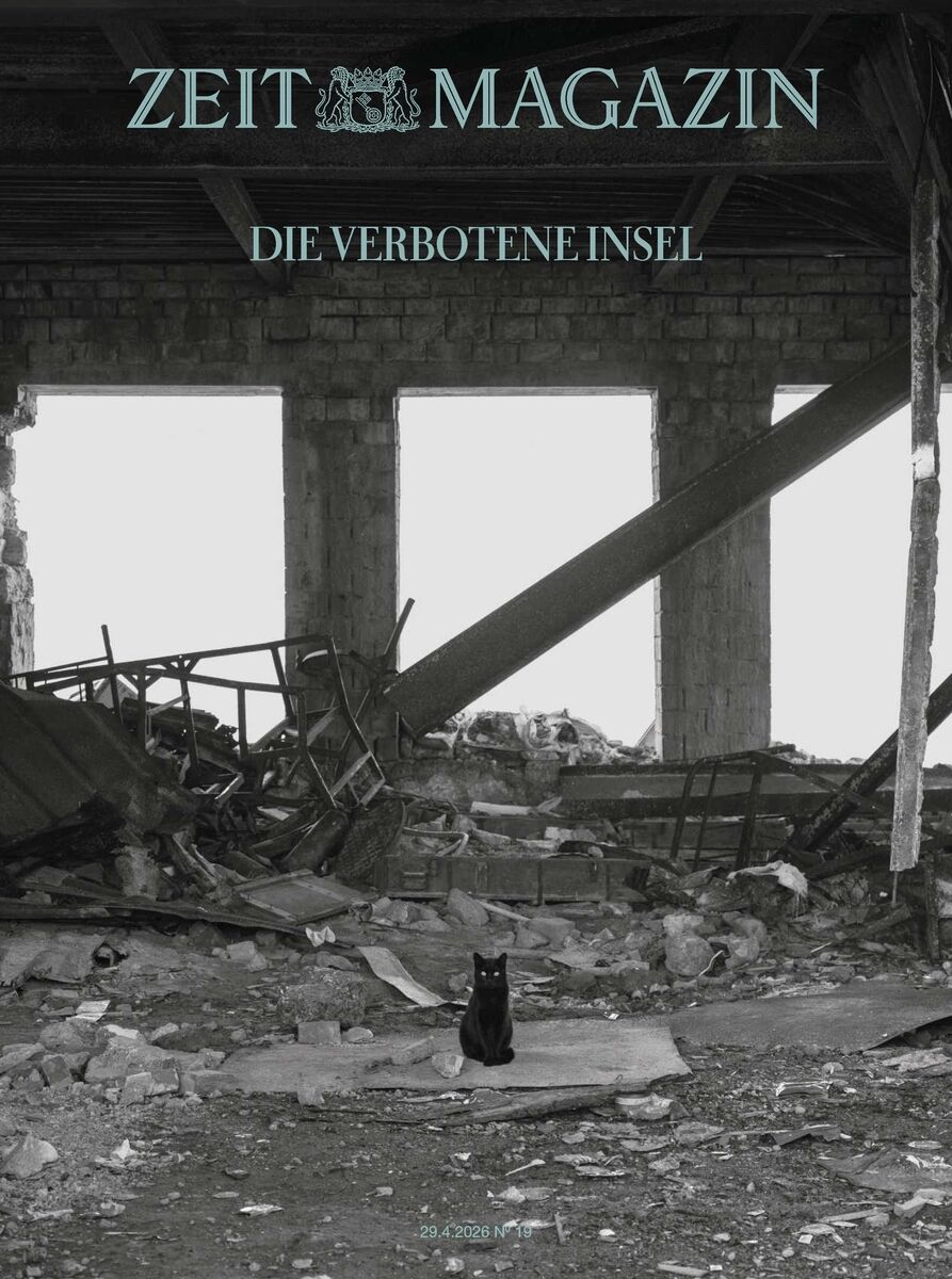 Cover des ZEIT Magazins Ausgabe 19/2026. Im Vordergrund sitzt eine schwarze Katze vor Trümmern in einer zerstörten, fensterlosen Ruine. Der Titel „DIE VERBOTENE INSEL“ steht mittig, dominante geometrische Linien und Kontraste bestimmen das schwarz-weiße Bild.