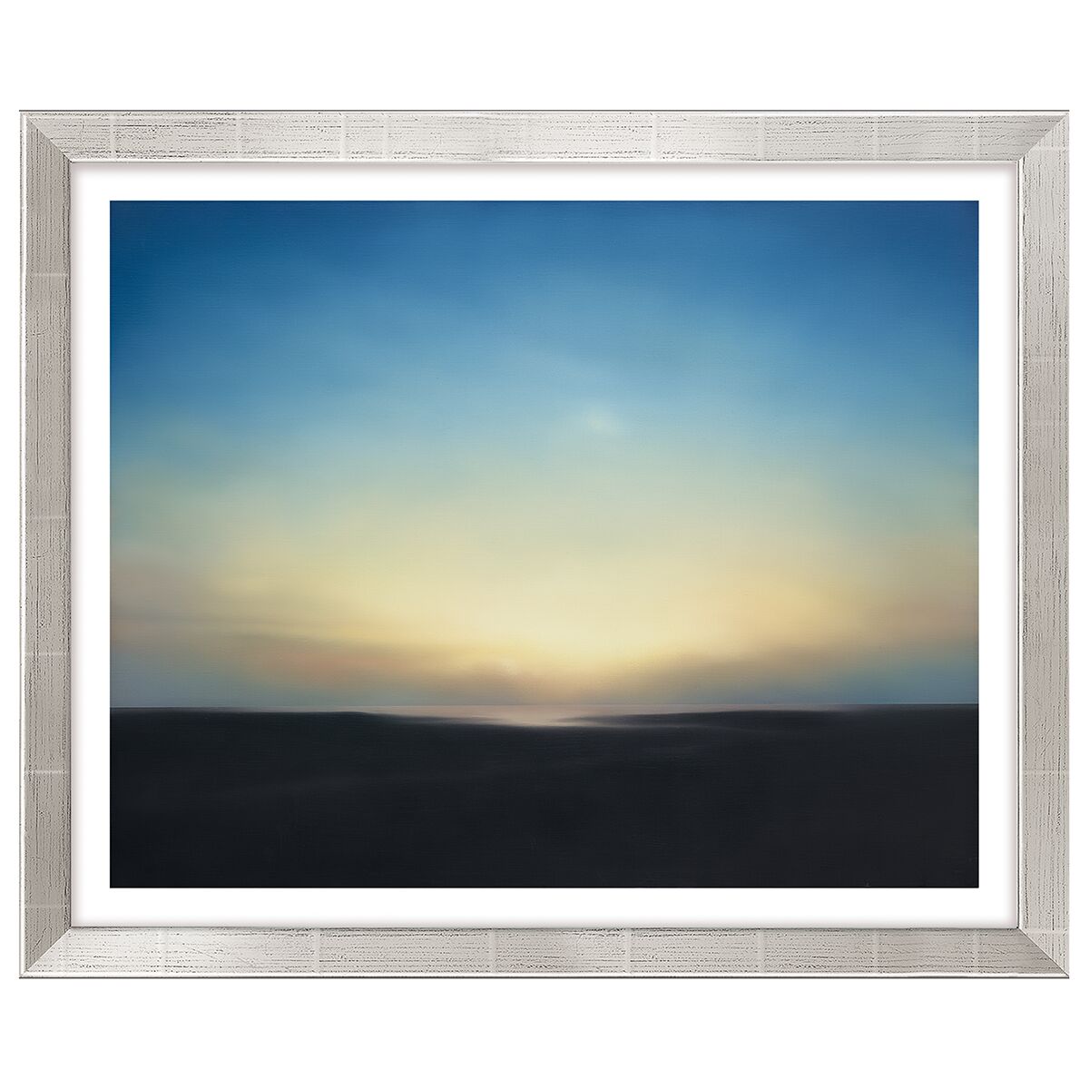 Das Bild zeigt ein stimmungsvolles, abstraktes Gemälde von Gerhard Richter aus dem Jahr 1969 mit einem sanften Übergang vom dunklen Vordergrund zum hellen, gelben und blauen Himmel bei Dämmerung, gerahmt in einem silbernen Rahmen.