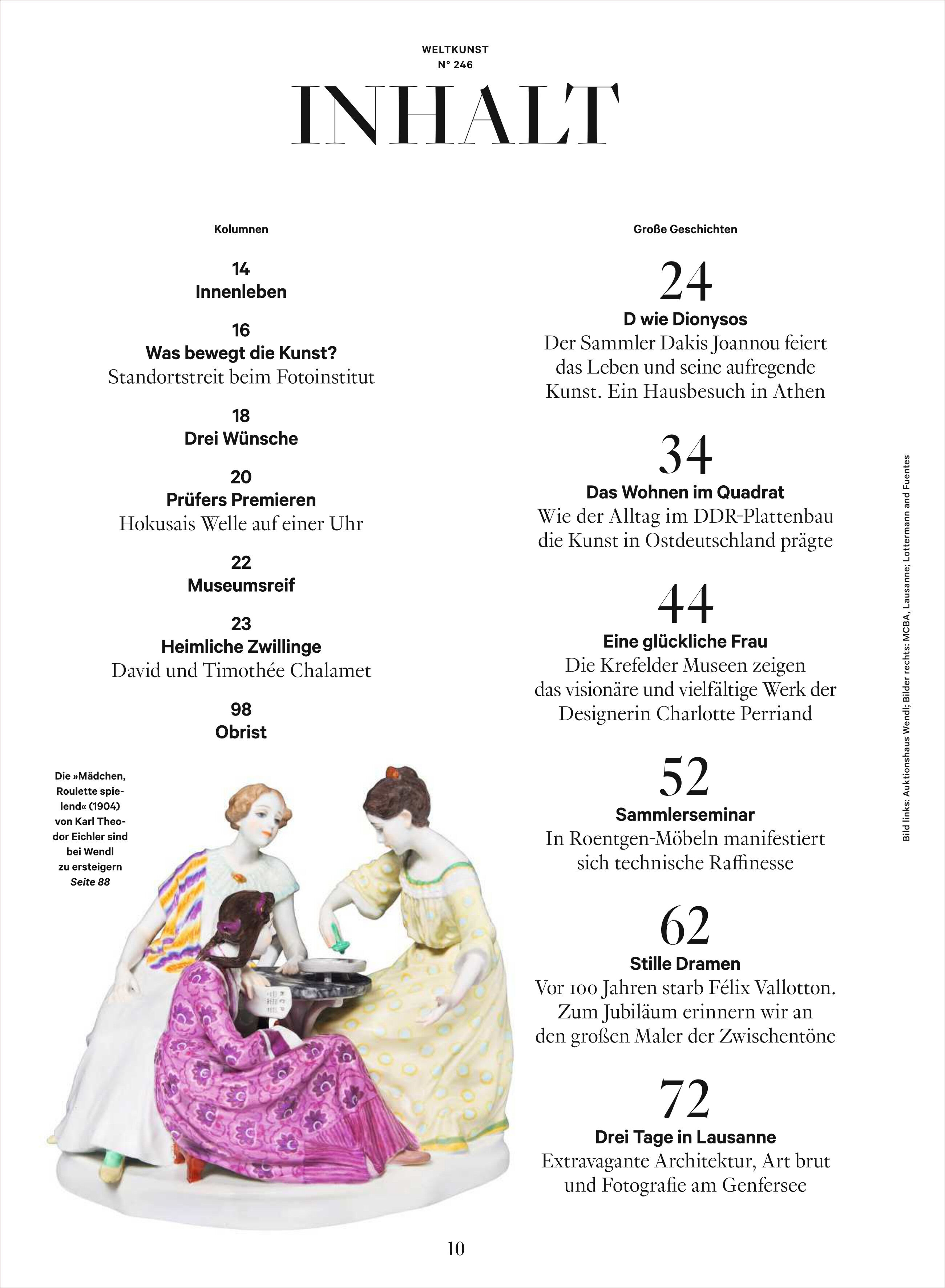 Das Cover des Kunstmagazins WELTKUNST Ausgabe 246/25 zeigt eine Inhaltsseite mit einer Liste von Artikeln und Kapiteln. Auf dem unteren Bereich sind drei bunte Porzellanfiguren, elegant gekleidet, nebeneinander arrangiert. Die Farbgebung ist überwiegend weiß, mit schwarzen Texten und farbigen Akzenten auf den Figuren. Das Layout wirkt stilvoll und modern, geeignet für Leserinnen und Leser, die sich für Kunst, Design und stilvolles Wohnen interessieren.
