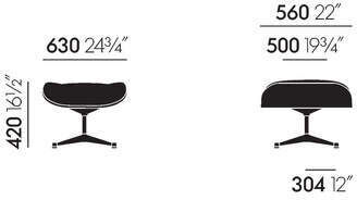 ZEIT Sonderedition Lounge Chair & Ottoman von Vitra, modern gestaltet in Schwarz, mit ergonomischer Form und hochwertiger Verarbeitung. Der Stuhl und das passende Ottoman sind auf einem weißen Hintergrund mit Abmessungen in Zentimetern und Zoll dargestellt.