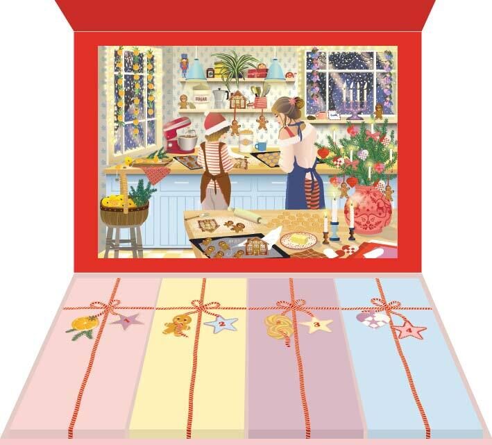 Illustration eines geöffneten Puzzle-Adventskalenders »Sweet Christmas« von VISSEVASSE zeigt eine weihnachtliche Backszene mit zwei Kindern und einer Frau in einer festlich dekorierten Küche. Im Vordergrund bunte Adventsboxen mit Schleifen. Viele Weihnachtsdetails, warm und einladend.