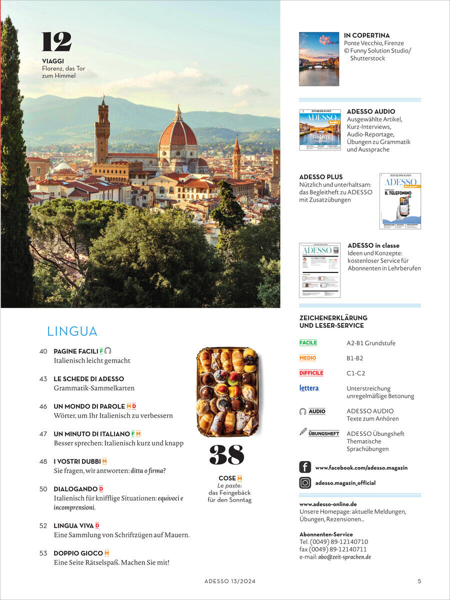 Das Adesso Magazin 13/2024 mit einem Titelbild von Florenz, zeigt eine Mischung aus kulturellen und sprachlichen Inhalten, geeignet für Italienisch Lernende und Reisefans.