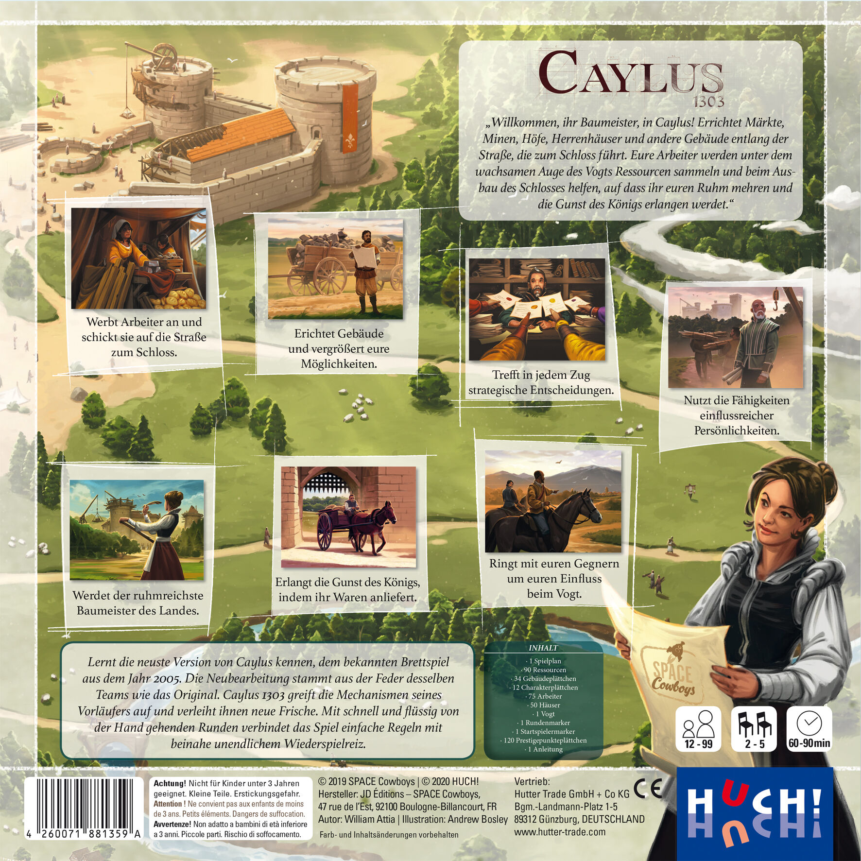 Rückseite der Spieleschachtel von 'Caylus 1303' mit Illustrationen mittelalterlicher Szenen, Bauarbeiten an einer Burg, Bauarbeitern, verschiedenen Spielfeldern und einer Frau mit Pergament. Mehrere Textblöcke erklären die Spielregeln und Möglichkeiten. Im unteren Bereich Logos des Herstellers und Altersangabe. Farbige Gestaltung mit Grün-, Braun- und Grautönen.