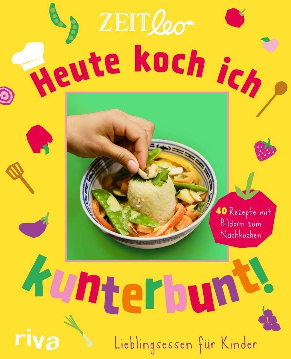 Buntes Cover des Kochbuchs 'ZEIT LEO – Heute koch ich kunterbunt!' von Münchner Verlagsgruppe. Im Zentrum eine Schale mit Gemüsegerichten und eine Kinderhand. Rundherum fröhliche Grafiken von Lebensmitteln auf gelbem Hintergrund. Geeignet für Kinder und Familien.