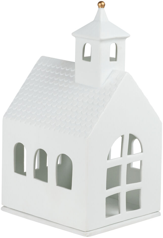 Weiße Porzellan-Kapelle mit goldener Spitze, gestaltet als Mini-Lichthaus mit mehreren Fenstern und detailreichem Dachmuster.