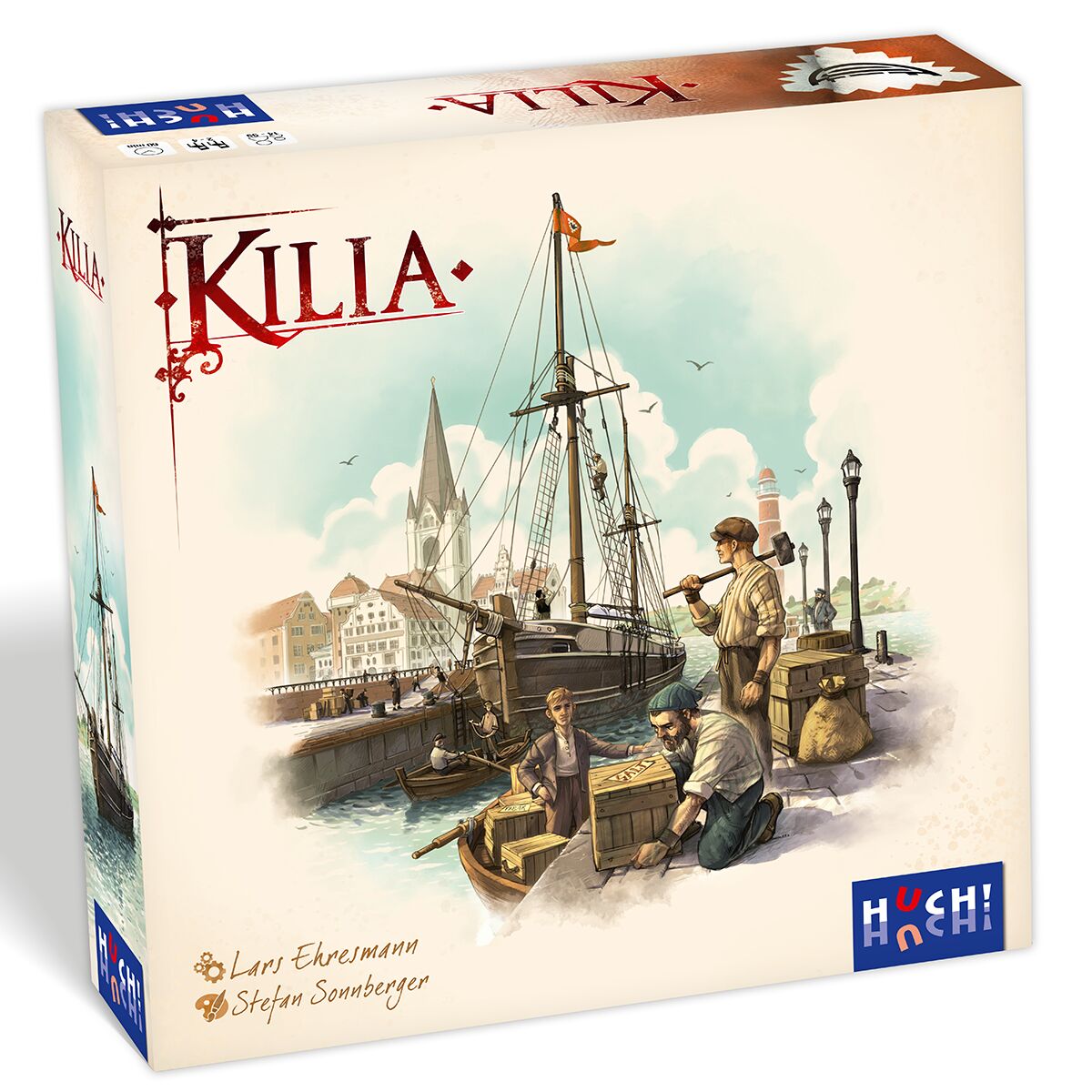 Die Verpackung des Brettspiels »Kilia« zeigt ein historisches Hafenszenario mit mehreren Personen beim Entladen von Waren vor einem Segelschiff und einer europäischen Stadt im Hintergrund. Das Cover wirkt künstlerisch gestaltet, das Logo und der HUCH!-Verlag sind sichtbar. Die Farben sind überwiegend beige, braun und blau.