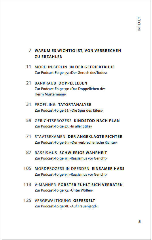 Ein Bild des Inhaltsverzeichnisses des Buchs 'ZEIT Verbrechen Band 3' in Paperback-Ausgabe. Die Seiten sind weiß mit schwarzem Text, der verschiedene Kriminalfälle und Themen auflistet, die im Buch behandelt werden.