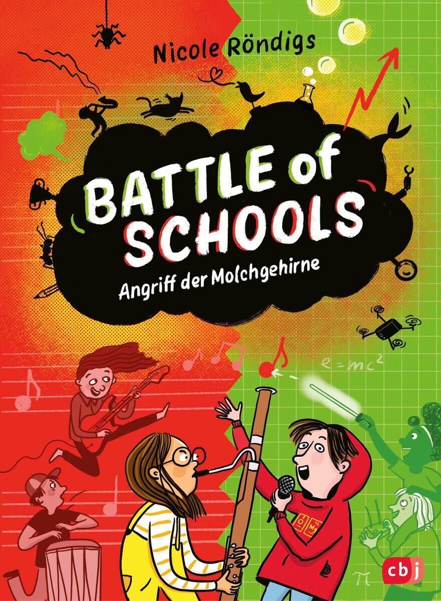 Ein illustriertes Buchcover mit dem Titel 'Battle of Schools - Angriff der Molchgehirne' von Nicole Röndigs. Das Cover zeigt mehrere gezeichnete Figuren, darunter Kinder, die Musikinstrumente spielen und singen. Der Hintergrund ist in Rot- und Grüntönen gehalten, mit musikalischen und wissenschaftlichen Symbolen.