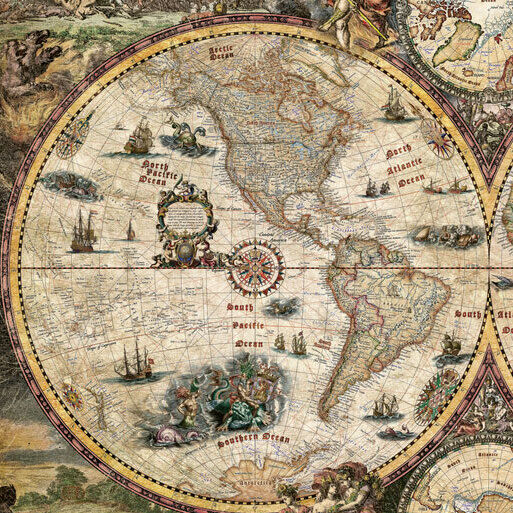 Auffälliges Puzzle-Motiv einer antiken Weltkarte im Vintage-Stil mit zwei großen Globus-Darstellungen, feinen Illustrationen, Segelschiffen, mythischen Figuren und dekorativen Elementen. Die Farben sind zart und harmonisch, das gesamte Bild wirkt nostalgisch und elegant.