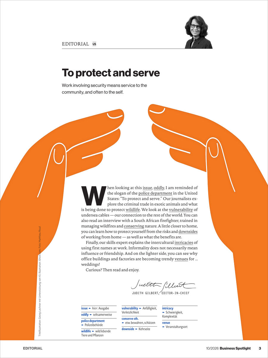 Seite aus dem Business Spotlight Magazin 10/2026 mit Editorial von Judith Gilbert, einem großen orangefarbenen Illustrationsmotiv zweier schützender Hände und Text zum Thema Sicherheit und Verantwortung in der Arbeitswelt. Oben ein Porträtfoto der Chefredakteurin.