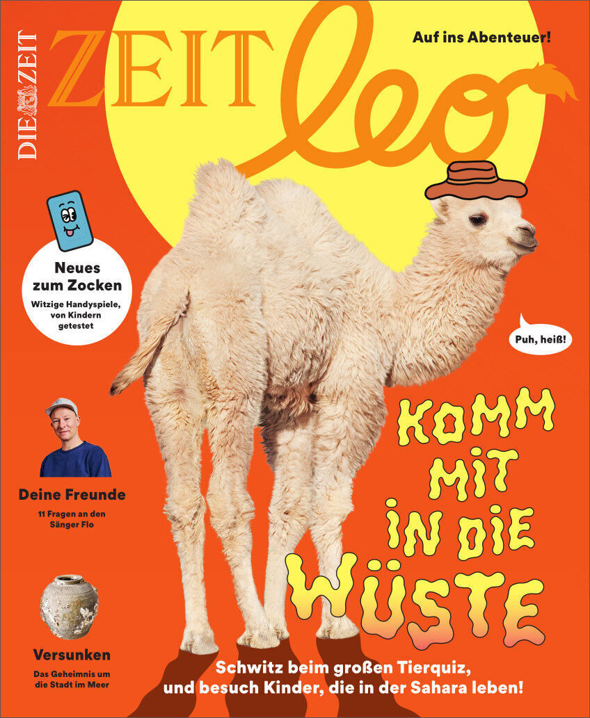 Cover der ZEIT leo 1/23 mit einem weißen Kamel im Vordergrund auf einem orangefarbenen Hintergrund. Es gibt gelbe und weiße Texte, die Abenteuer in der Wüste und Aktivitäten für Kinder bewerben.