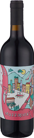 Flasche 'ZEIT Weinedition »Toskana« 2023' mit einem kunstvoll gestalteten Etikett in Rot-, Pink- und Gelbtönen. Die Flasche hat eine elegante und klassische Form.