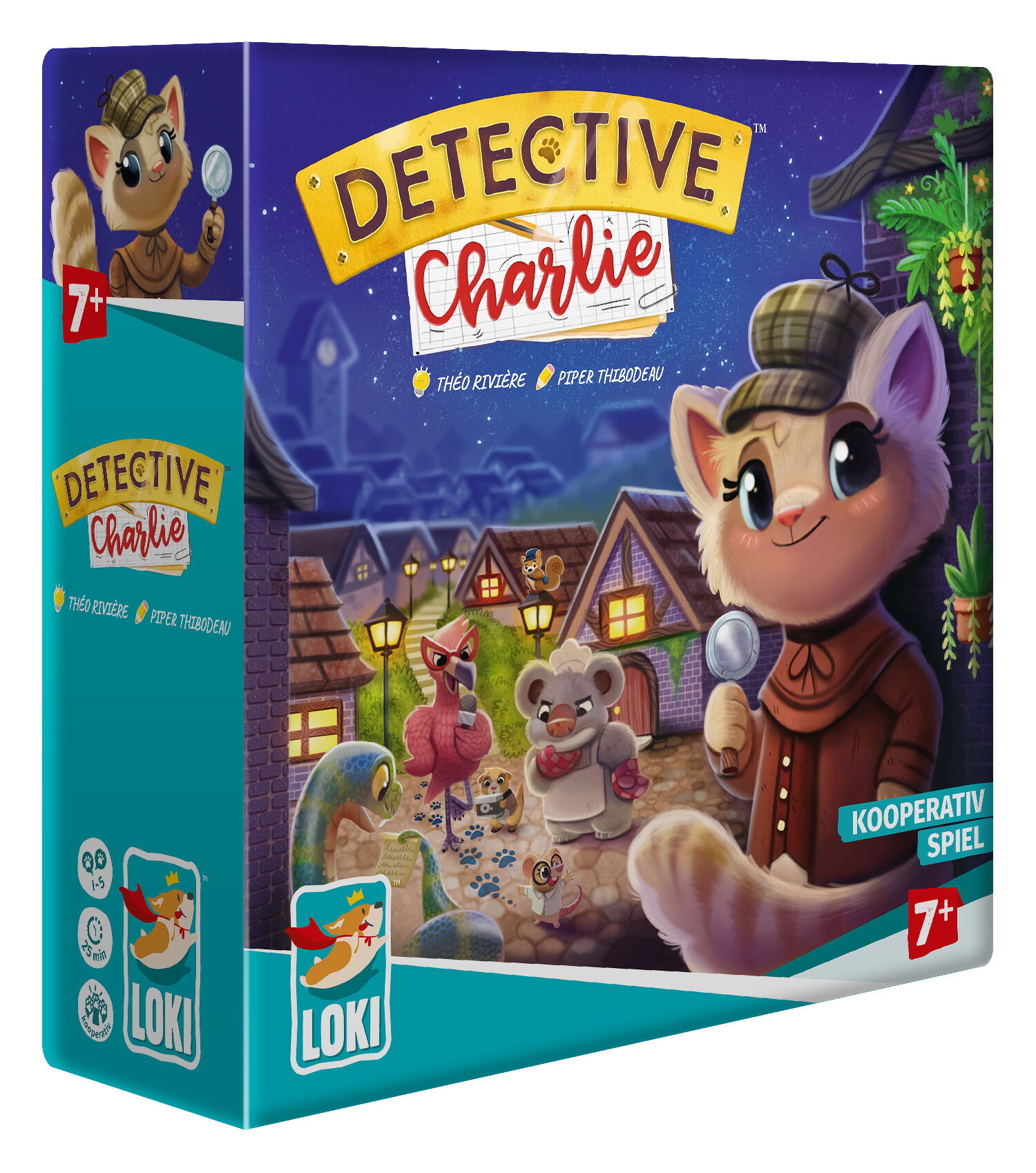 Abbildung der Spieleverpackung von ‚Detective Charlie‘. Auf der bunten Box sieht man eine gezeichnete Katze mit Sherlock-Holmes-Hut und Lupe in einer nächtlichen Dorfszenerie, umgeben von tierischen Freunden und Würfeln. Das Spiel ist ab 7 Jahren geeignet und als kooperatives Kinderdetektivspiel von Loki gekennzeichnet.