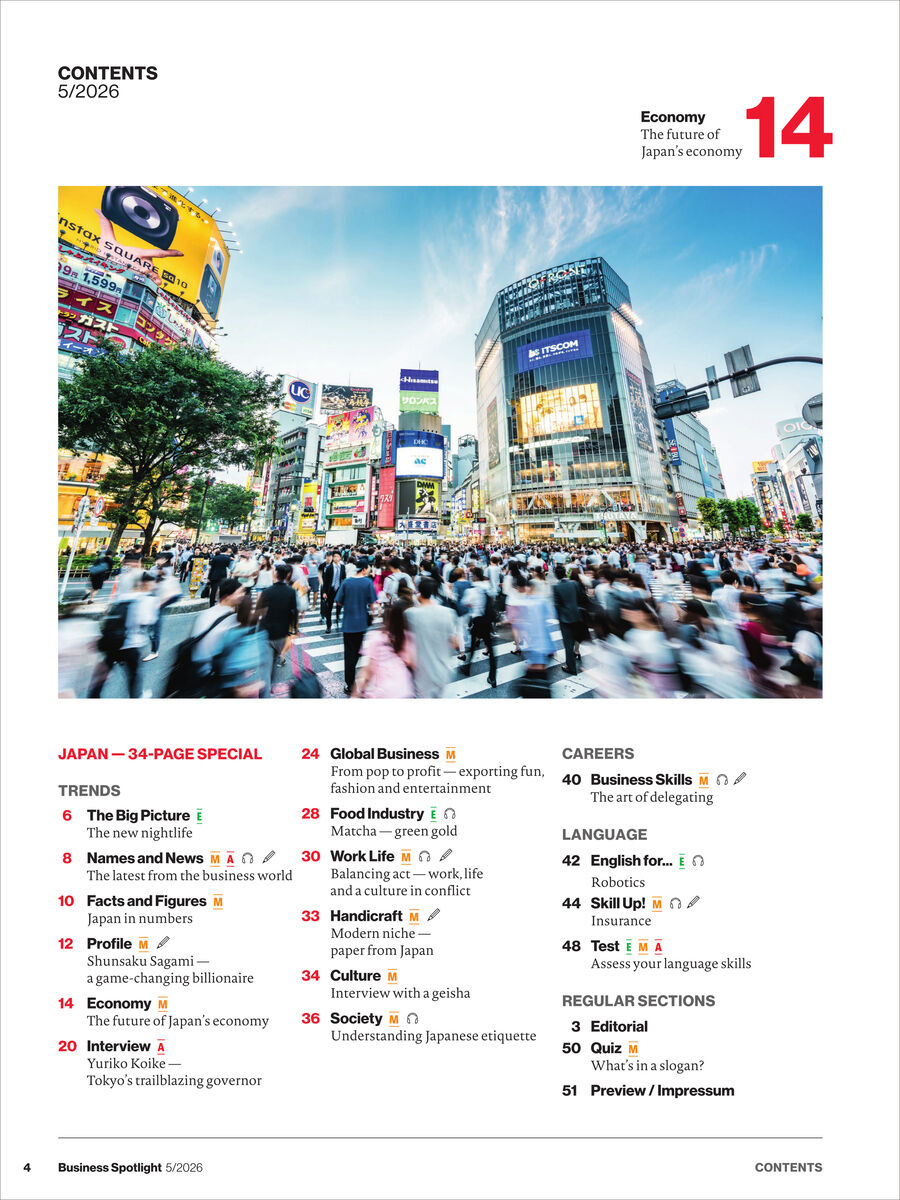 Detailreiche Magazinseite von Business Spotlight 5/2026 mit einem großen Foto der belebten Shibuya-Kreuzung in Tokio. Bunte Werbetafeln, viele Menschen, wolkenloser Himmel. Inhaltsverzeichnis links mit Themen wie Wirtschaft, Karriere, Sprache und Japan-Schwerpunkt, prägnante rote Akzente.