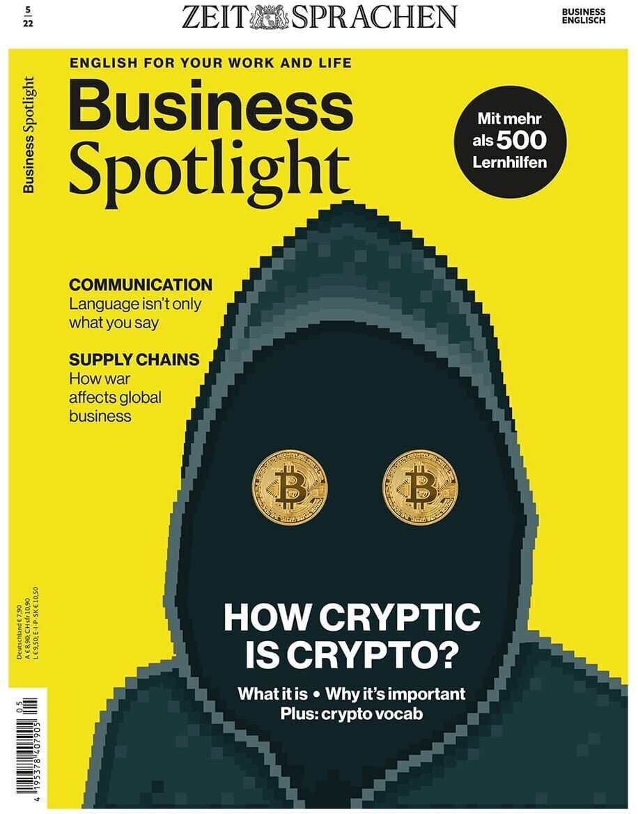 Titelseite der Zeitschrift Business Spotlight Ausgabe 05/2022. Die Farben sind hauptsächlich Gelb und Schwarz. Die Schlagzeilen auf dem Titelblatt sind 'How Cryptic is Crypto?', 'Communication', und 'Supply Chains'.