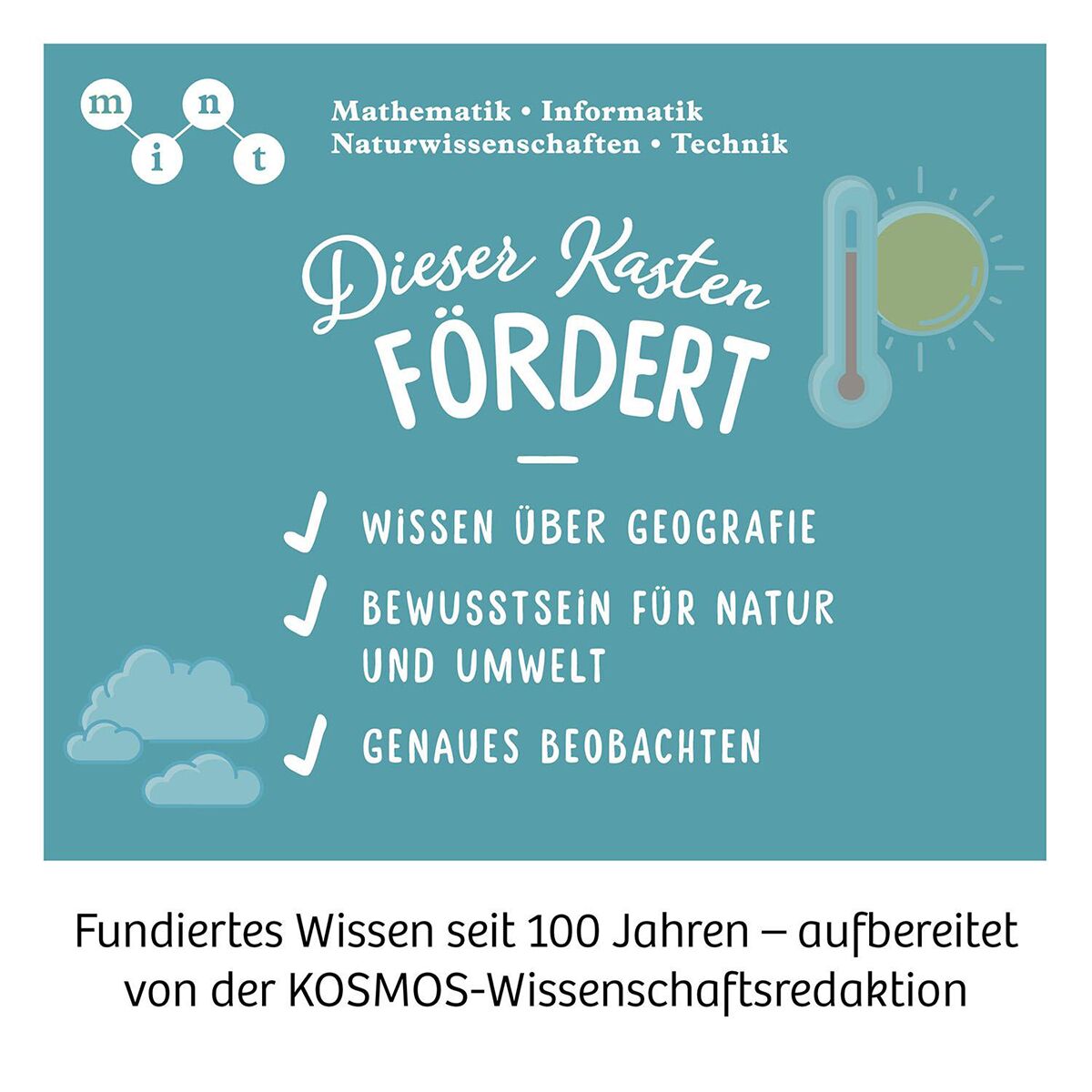 Grafik einer Wetterstation-Lernbox für Kinder mit blauer Hintergrundfarbe. Zu sehen sind Symbole für Sonne, Wolken und ein Thermometer. Schwerpunkte wie Geografie, Umweltbewusstsein und genaues Beobachten werden hervorgehoben. Geeignet für den Einsatz im Schulunterricht und als Bildungsprodukt für Familien.
