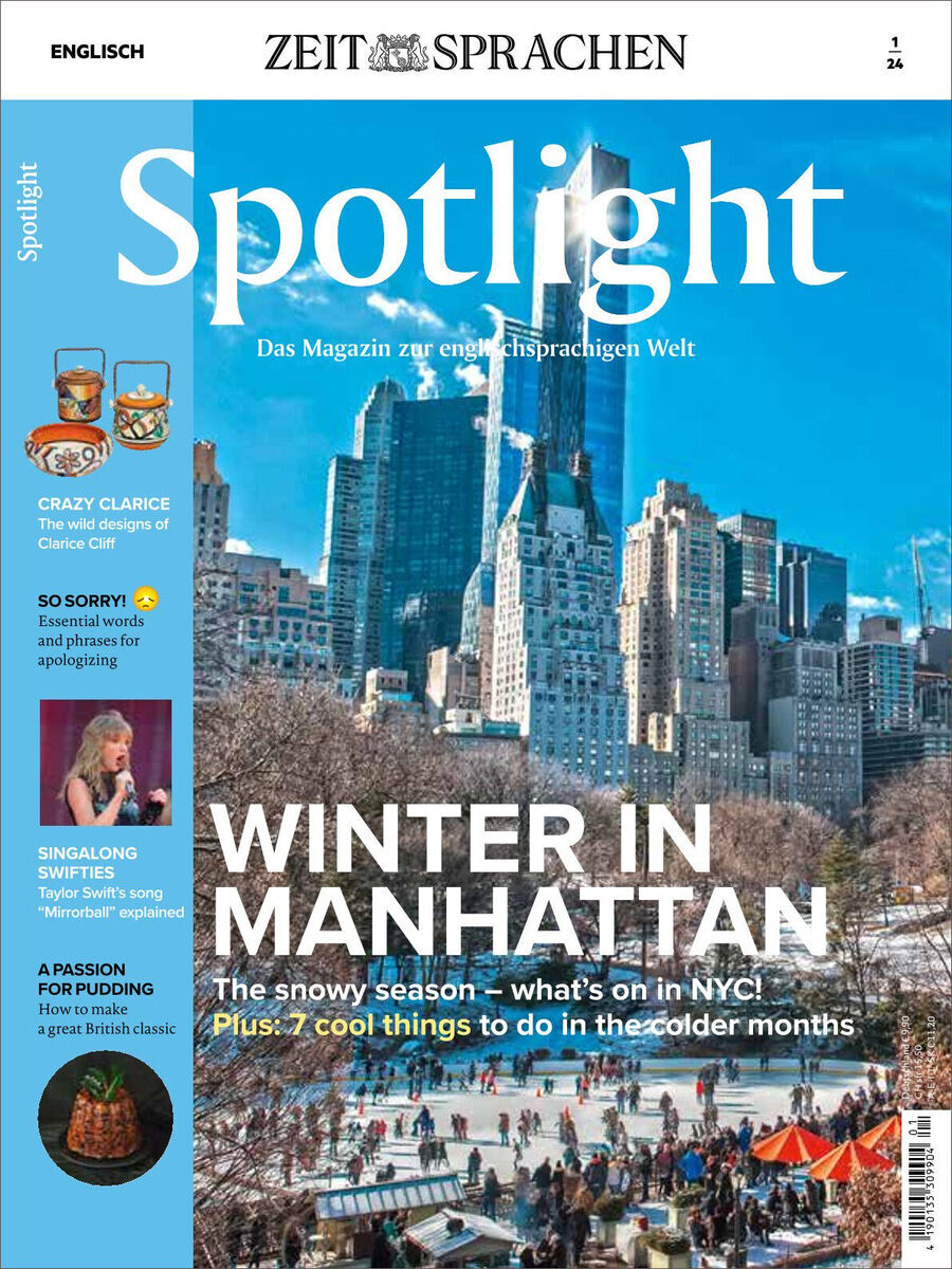 Das Cover der Spotlight Magazin Ausgabe 01/2024 zeigt einen hellen, sonnigen Wintertag in Manhattan, New York, mit verschneiten Gebäuden und Central Park im Vordergrund. Der Titel lautet 'Winter in Manhattan'. Links sind Vorschauen zu Artikeln über New Yorker Stadtleben, Englisch lernen und kulturelle Themen.