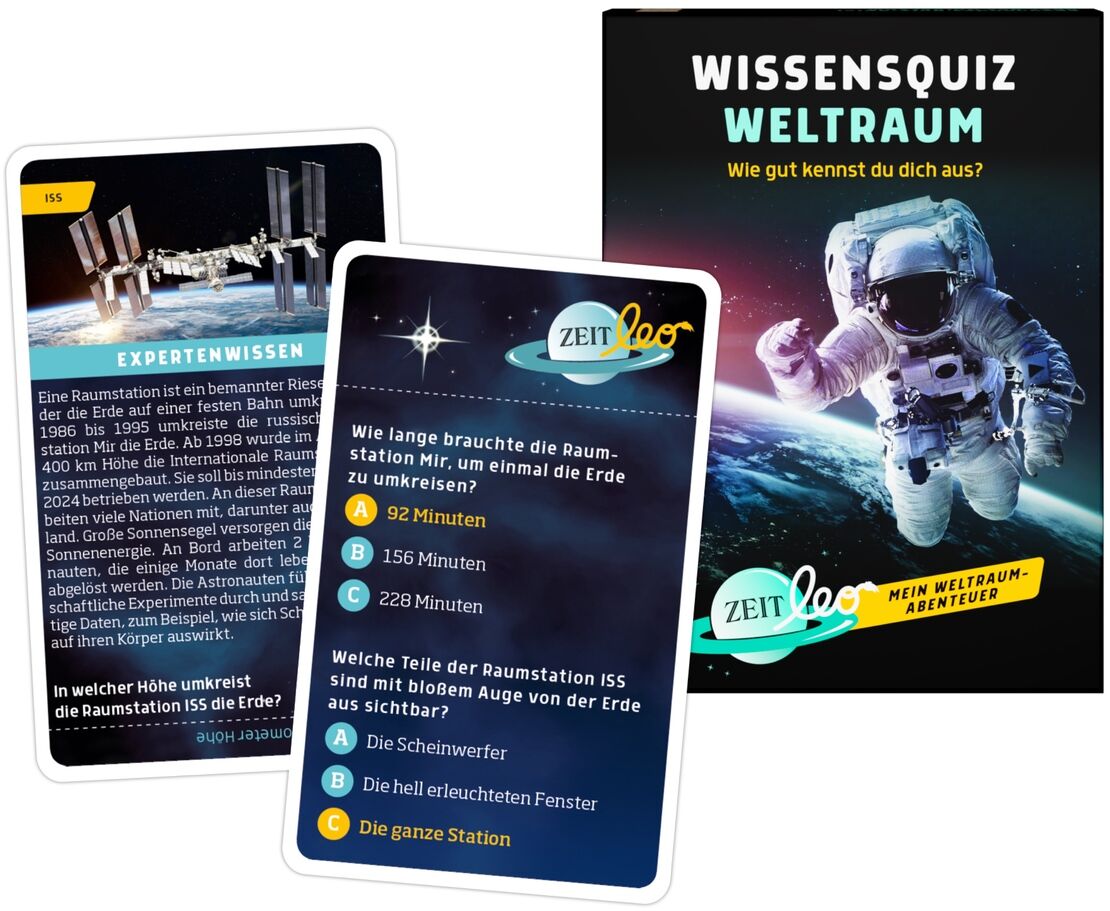 Produktbild der ZEIT LEO-Edition »Mein Weltraum-Abenteuer«: ein Wissensquiz-Spiel über den Weltraum. Ein Kartenset und eine Verpackung mit einem Astronauten und Planeten sind abgebildet.