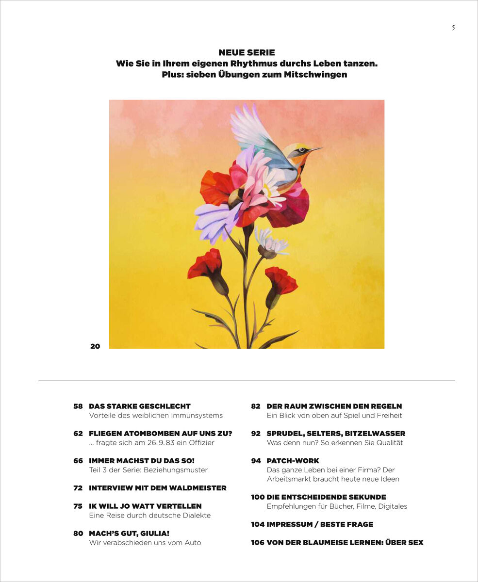Eine Seite mit Themenübersicht aus dem ZEIT WISSEN Magazin 3/26. Im oberen Bereich ein gemaltes Bild eines bunten Vogels auf Blumen vor gelbem Hintergrund. Darunter eine Liste mit Artikeln und Seitennummern, Thema: Wissenschaft, Natur, Gesellschaft.