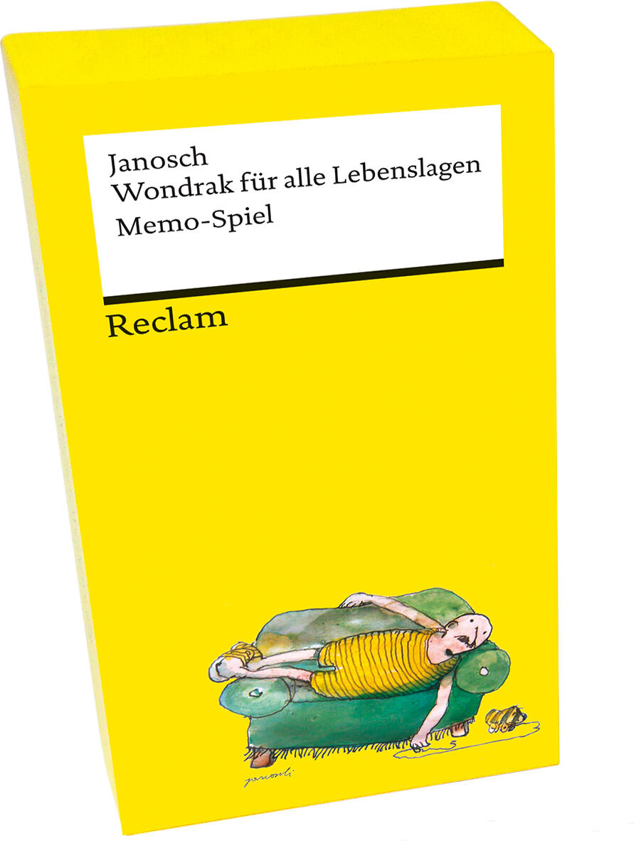 Die Verpackung des Memo-Spiels »Wondrak für alle Lebenslagen« von Janosch zeigt eine gelbe Vorderseite mit einer Illustration eines entspannt auf einem grünen Sofa liegenden Charakters. Oben befindet sich ein weißes Feld mit dem Titel und Verlag, Reclam, in schwarzer Schrift.