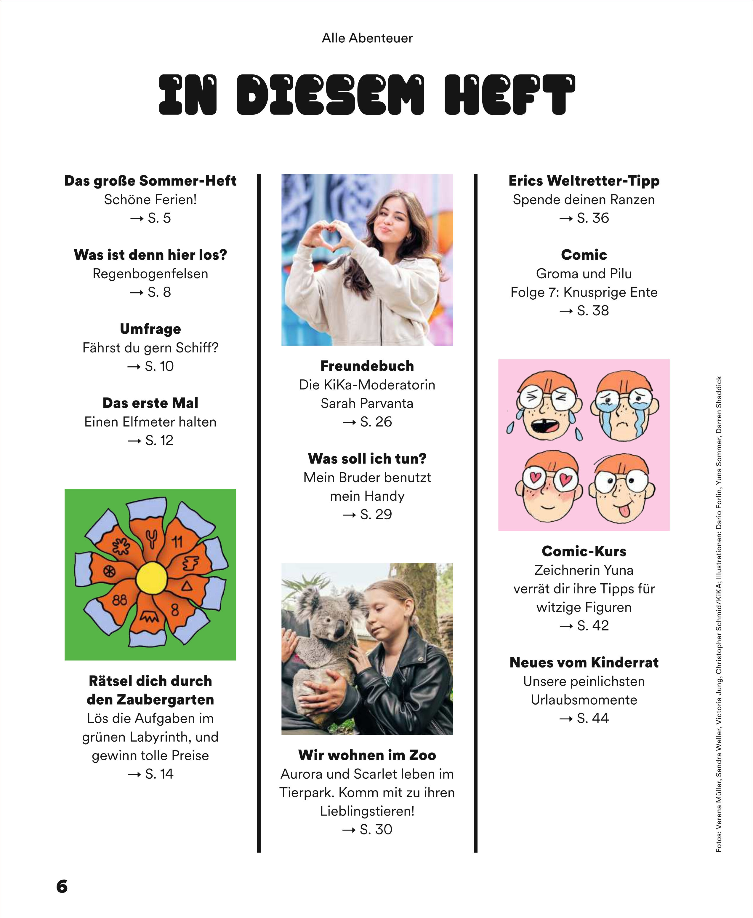 Titelbild und Inhaltsverzeichnis der Kinderzeitschrift ZEIT LEO 4/25 mit fröhlich gestalteten Illustrationen, Überschriften und bunten Symbolen wie Tieren, Blumen, und Comics. Die Seite zeigt Angebote wie Rätsel, Umfragen, Freundebuch und einen Comic-Kurs für Kinder.