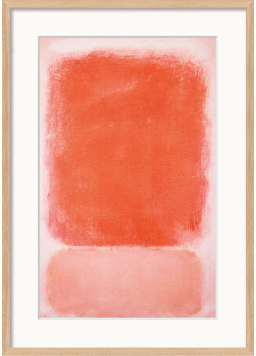 Abstraktes Gemälde von Mark Rothko aus dem Jahr 1953 mit dem Titel »Red and Pink on Pink«. Das Bild zeigt zwei Hauptfarbblöcke in Rot und Pink, eingerahmt in einem hellen Holzrahmen.