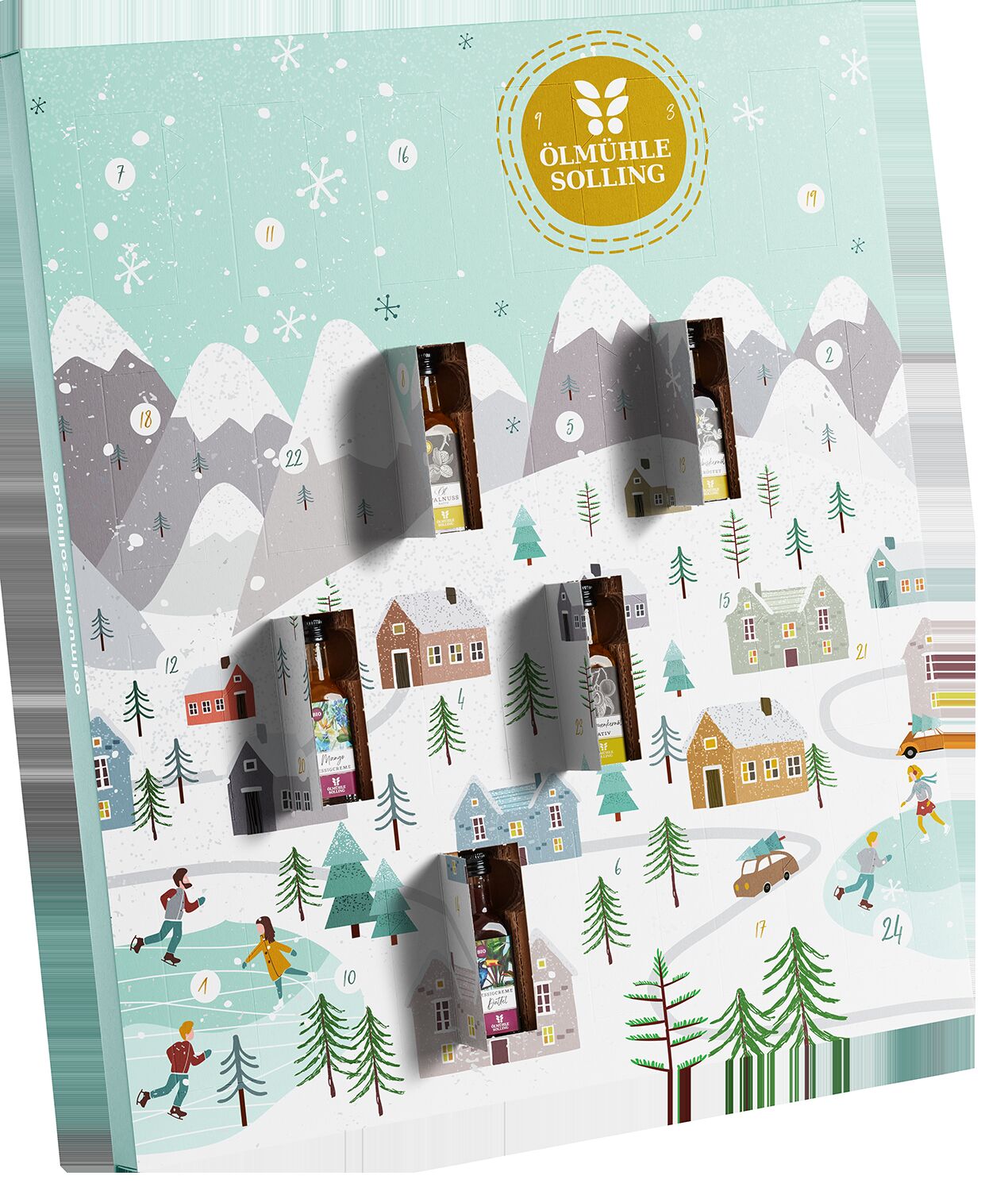 Ein Adventskalender mit winterlicher Illustration: Menschen laufen Schlittschuh auf einem zugefrorenen See inmitten eines verschneiten Dorfes, umgeben von Bergen und Tannenbäumen. Mehrere geöffnete Türchen geben kleine Fläschchen preis. Der Kalender ist überwiegend in hellen Blau-, Weiß- und Grüntönen gehalten und eignet sich besonders für Familien mit Kindern zur Adventszeit.