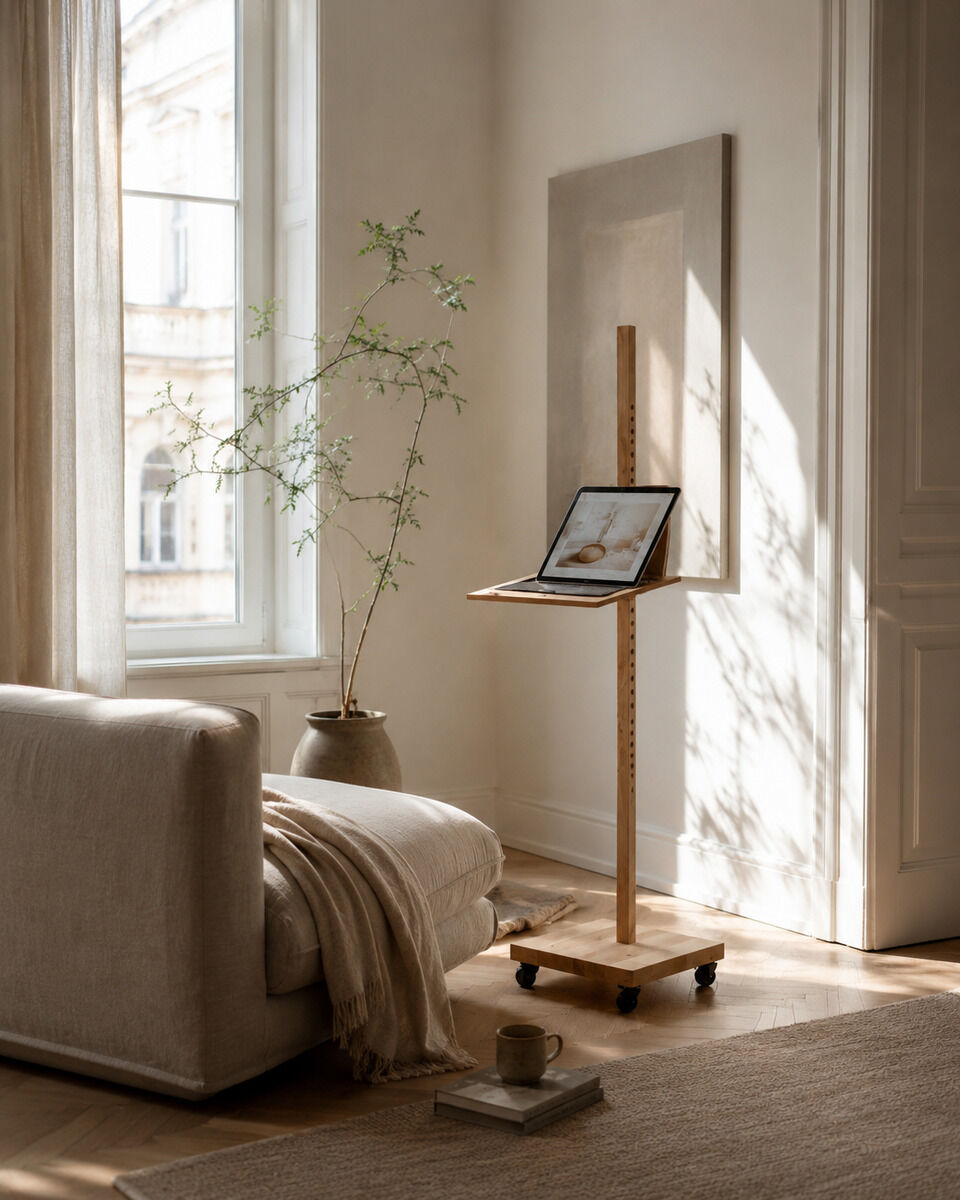 Im hellen Wohnzimmer steht das mobile Device Stativ "ERA" von Frau Caze aus Eiche und Birkensperrholz neben einem großen Fenster. Ein Laptop steht auf der höhenverstellbaren Ablage. Eine helle Couch, ein Teppich, eine Pflanze und eine Kaffeetasse ergänzen die gemütliche, minimalistische Szene.