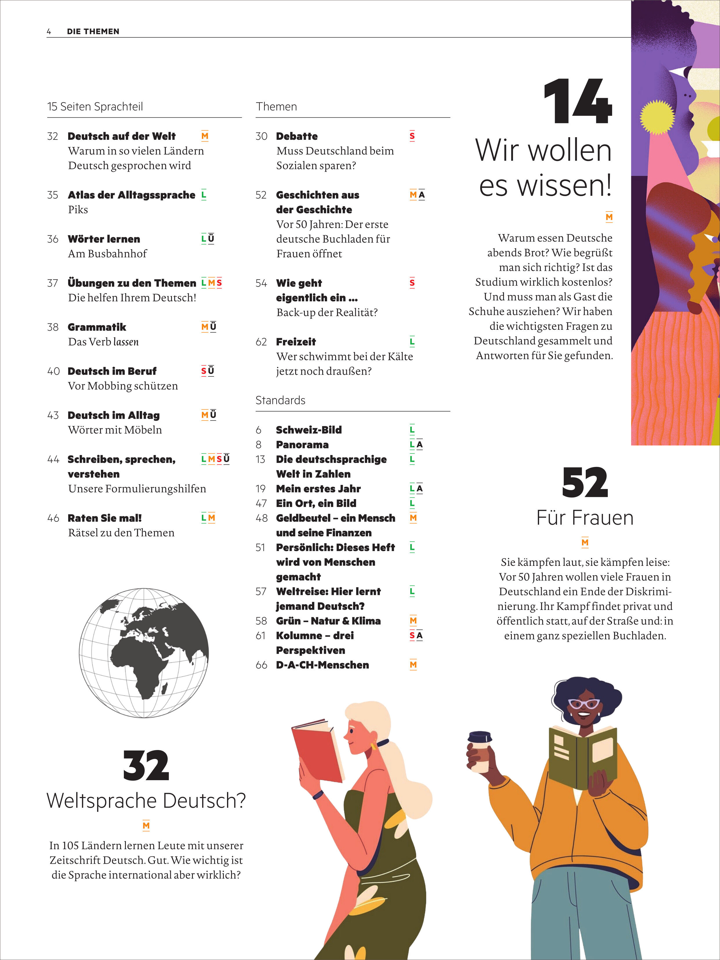 Titelseite und Inhaltsverzeichnis der Ausgabe 13/2025 von Deutsch perfekt Magazin mit bunter Illustration von zwei Frauen, die lesen, sowie Überschriften zu Themen rund um die deutsche Sprache, Kultur und Integration. Das Magazin eignet sich besonders für Deutschlernende und enthält verschiedene Rubriken zur Verbesserung der Sprachkenntnisse.