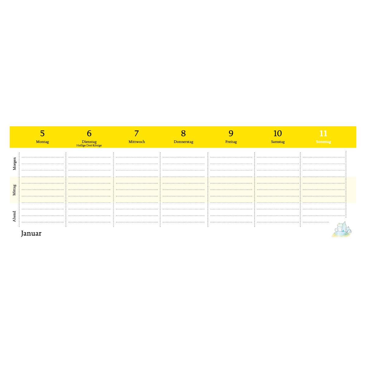 Ein Tischkalender für das Jahr 2026 mit dem Titel »Wondrak für alle Lebenslagen« zeigt eine Wochenübersicht mit den Tagen Montag bis Sonntag. Der Hintergrund ist überwiegend weiß mit gelben Elementen.