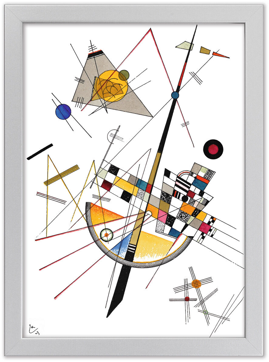 Abstraktes Gemälde von Wassily Kandinsky aus dem Jahr 1923 mit dem Titel »Delicate Tension«: eine Komposition aus geometrischen Formen, einschließlich Linien, Kreisen und Dreiecken, in den Farben Gelb, Rot, Blau, Schwarz, Weiß und Braun. Das Bild ist in einem schlichten Rahmen präsentiert.