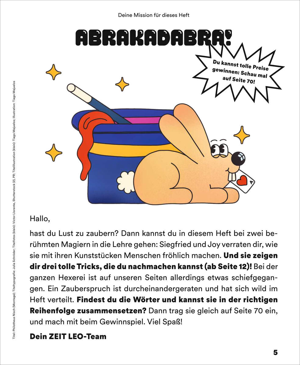 Eine bunte Illustration mit einem Hasen, der aus einem magischen Zylinder springt. Text darüber lautet 'ABRAKADABRA!'. Das Bild ist Teil einer Seite einer Kinderzeitschrift, die Aktivitäten und Zaubertricks zum Lernen und Spaß bietet.